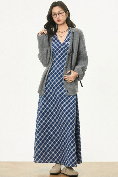 Retro Plaid Halter Dress With Smock Set-Up