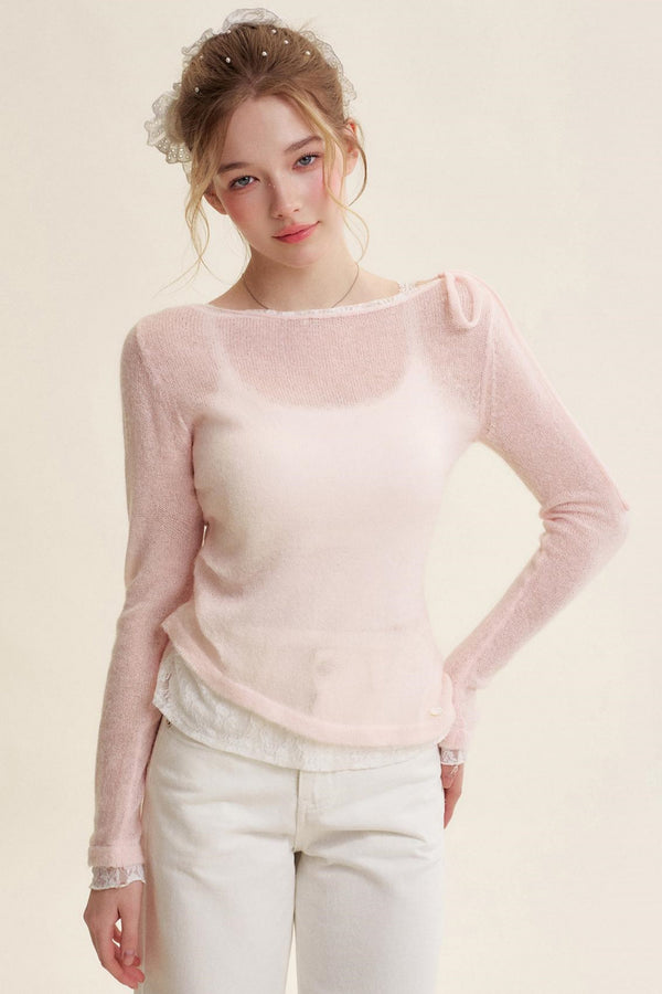 Rose Scented Mohair Bow Neck Sweater Set-Up
