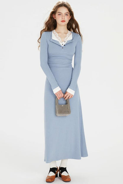 Sapphire Blue Lace Lapel Dress