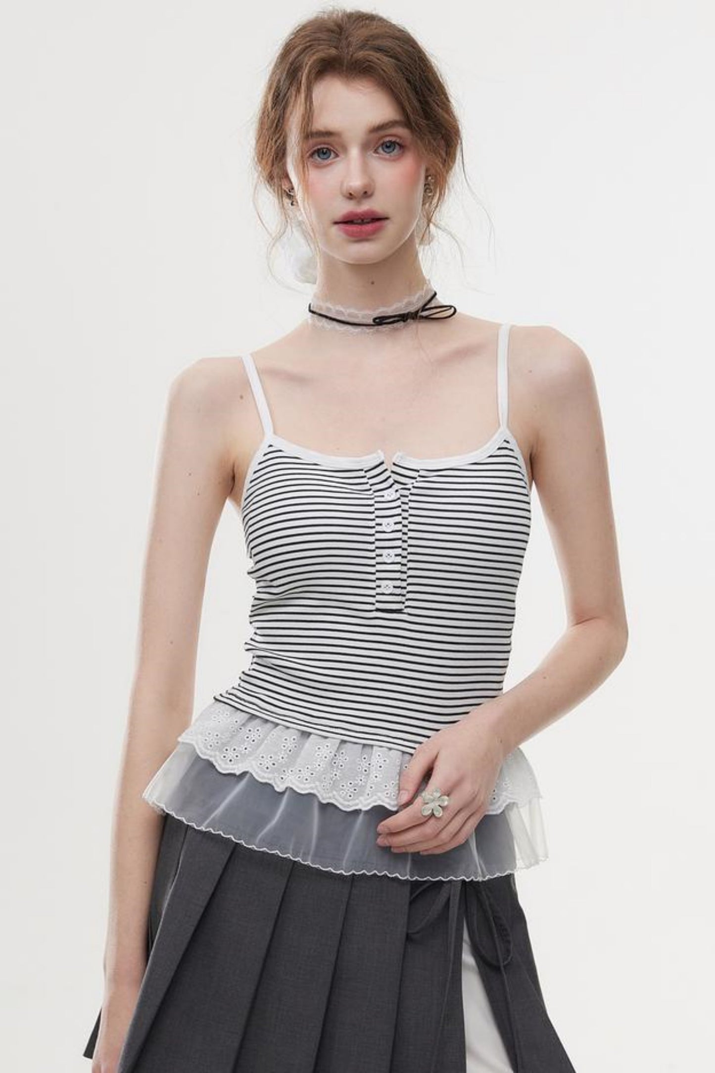 Lace-Trimmed Knit Peplum Top