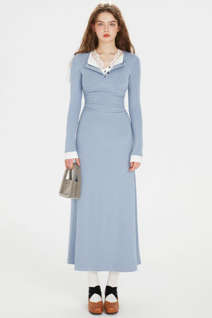 Sapphire Blue Lace Lapel Dress