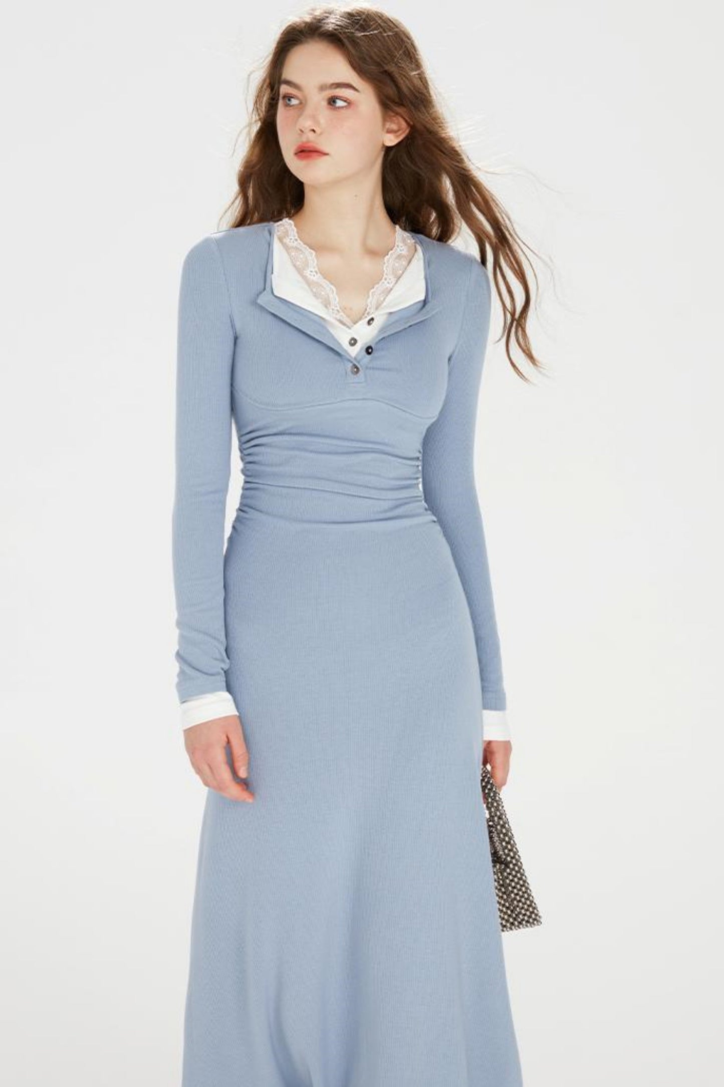 Sapphire Blue Lace Lapel Dress