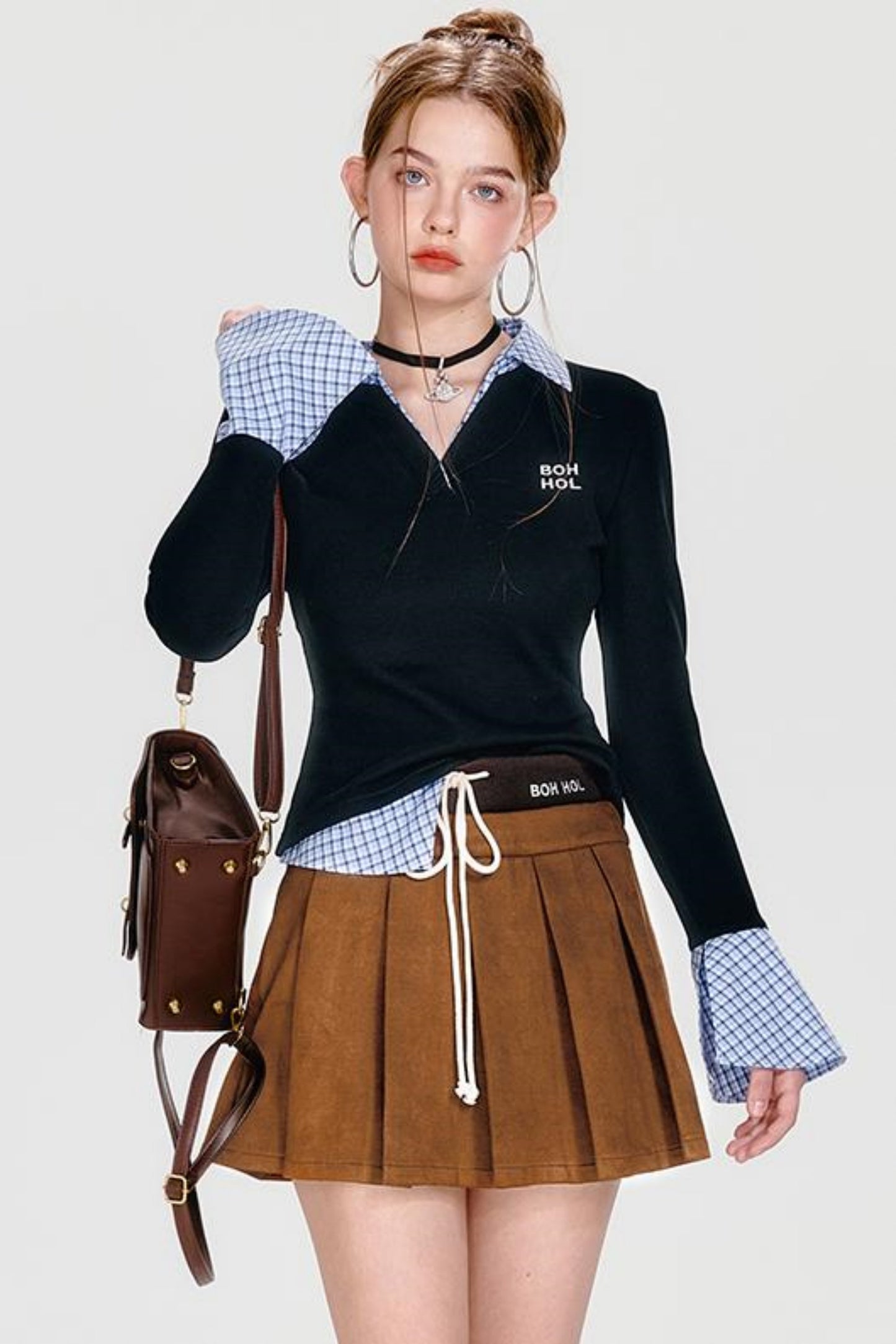 Plaid Splice Polo Top