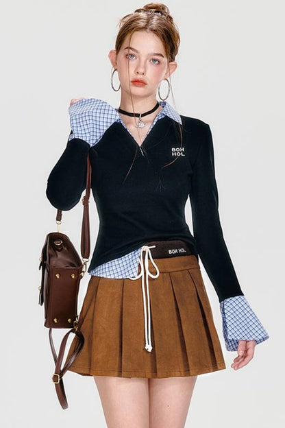 Plaid Splice Polo Top