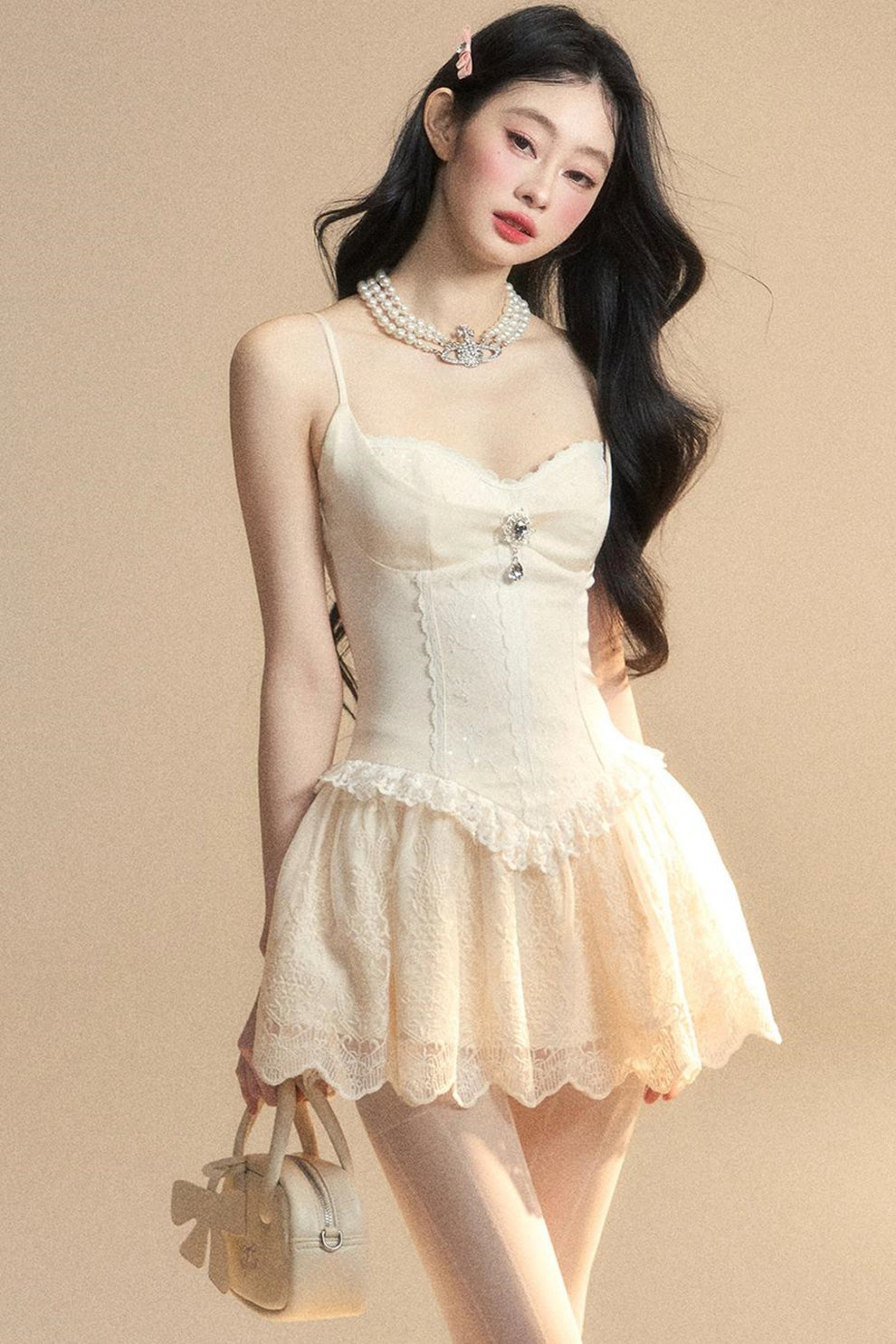 French Apricot Ruffled Lace Up Print Cotton Dress Spring YZ026 main image 1