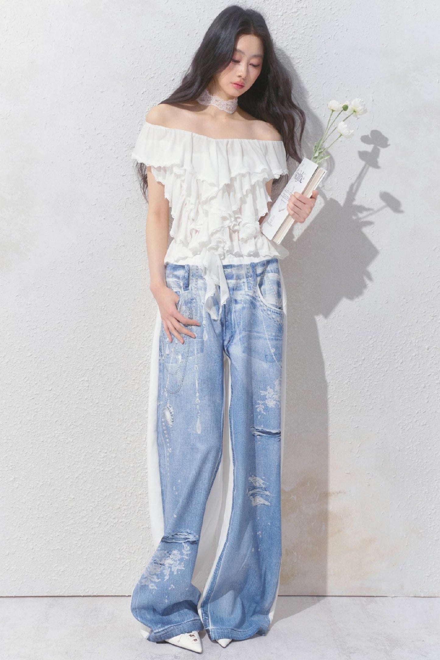 Blue Island White Denim Patch Sweatpants