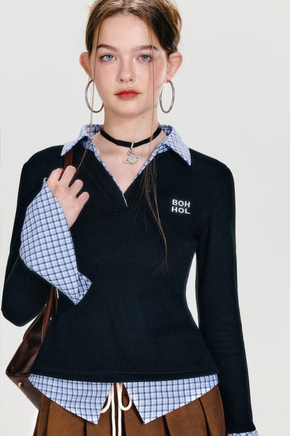 Plaid Splice Polo Top