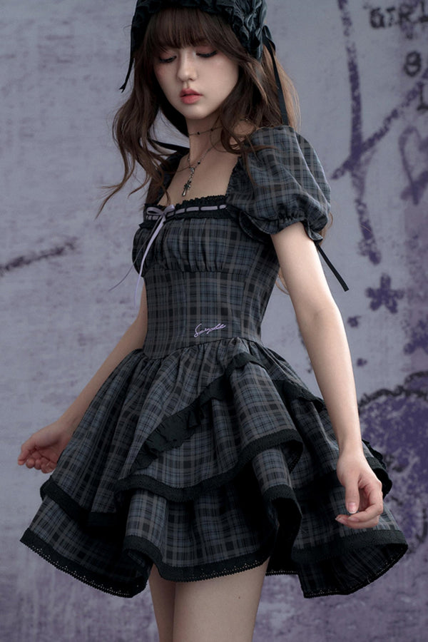 Plaid Bubble Sleeve Cake Dress