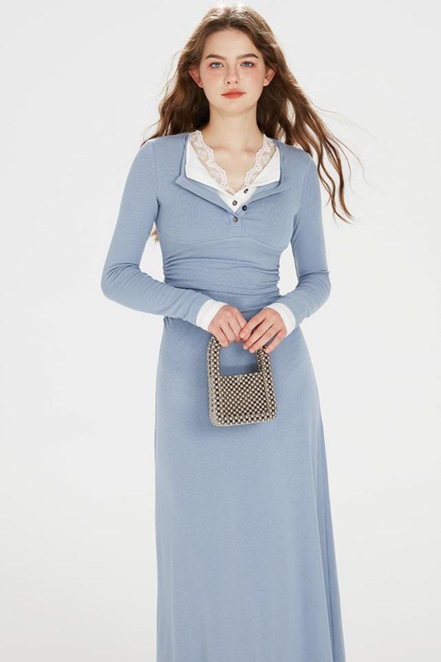 Sapphire Blue Lace Lapel Dress