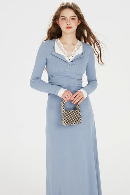Sapphire Blue Lace Lapel Dress