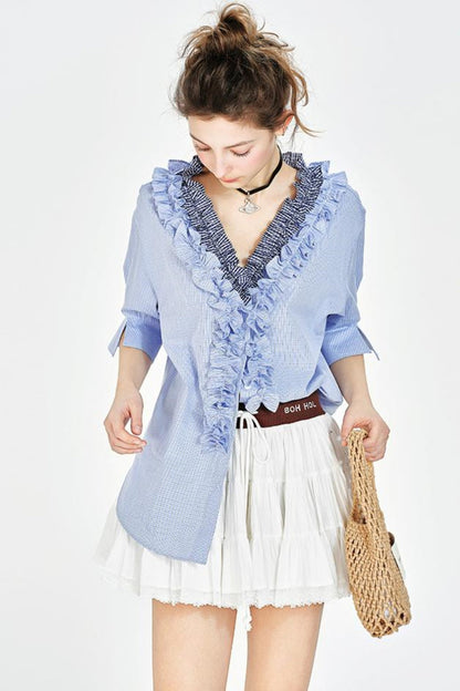 Blue Plaid V-Neck Shirt