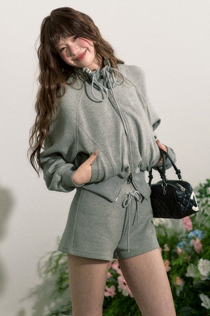 Zip-Up Sweater Jacket With Shorts Set-Up