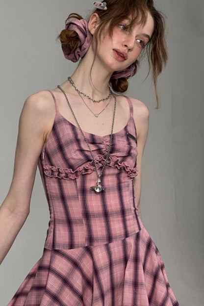 Pink Plaid Halter Dress