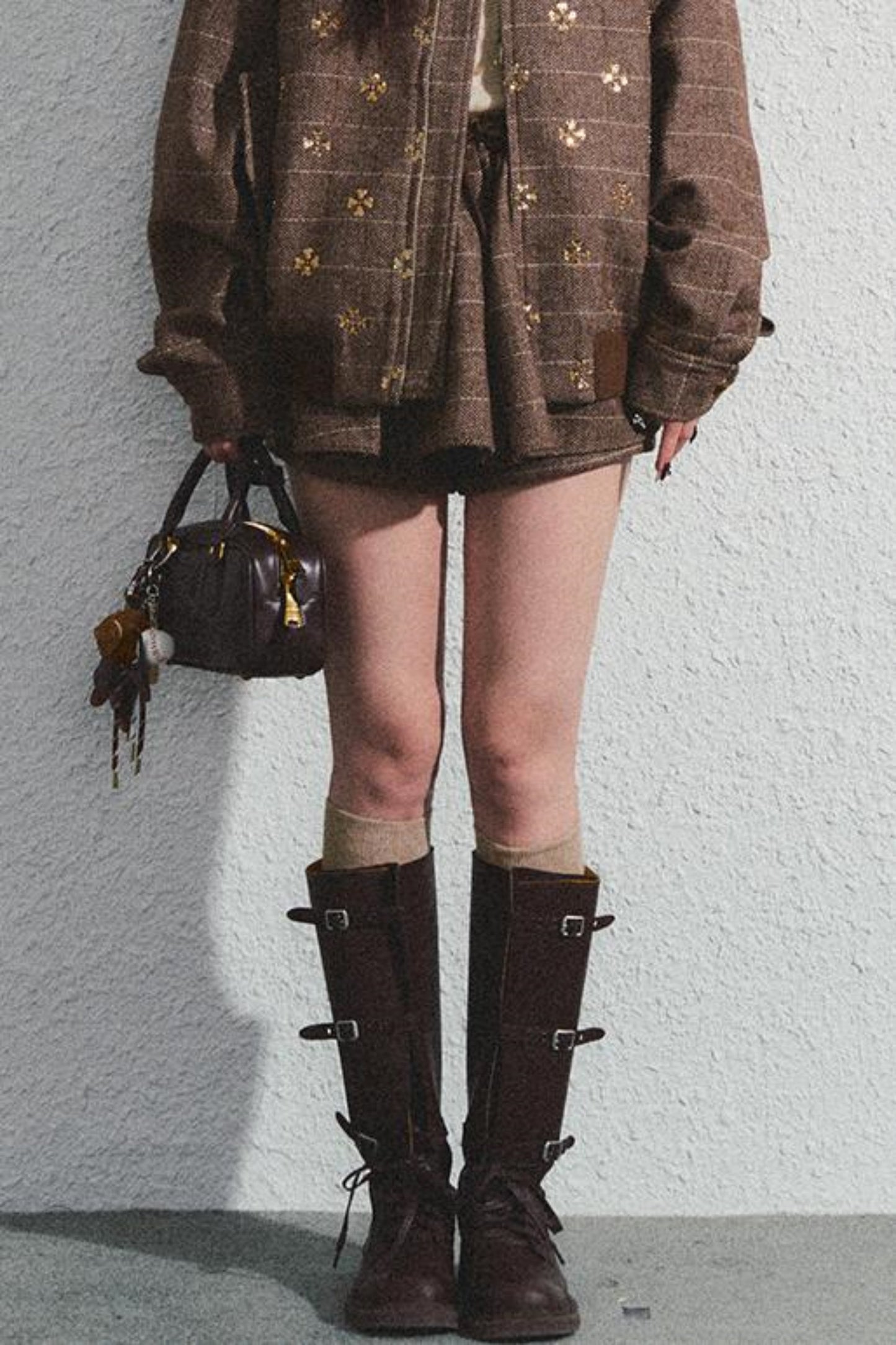 Khaki Beaded Lapel Jacket & Skirt Set-Up