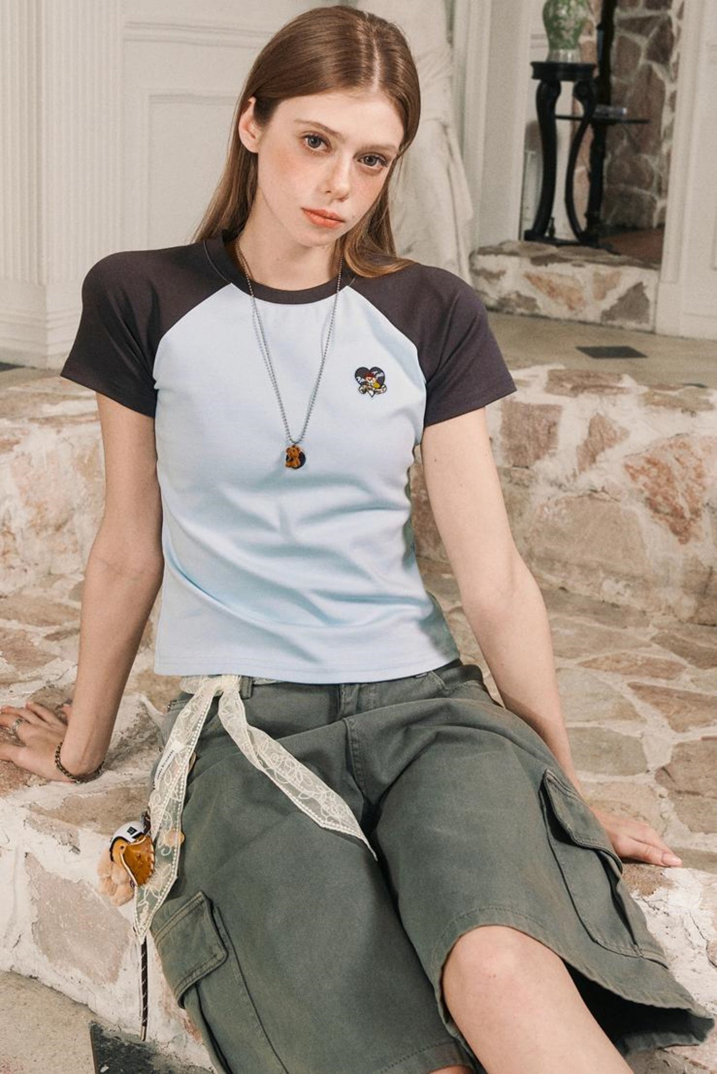 Color Block Shoulder Loose Fit T-Shirt