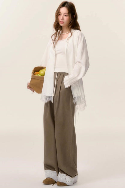 Lace-Trimmed Wide Leg Pants