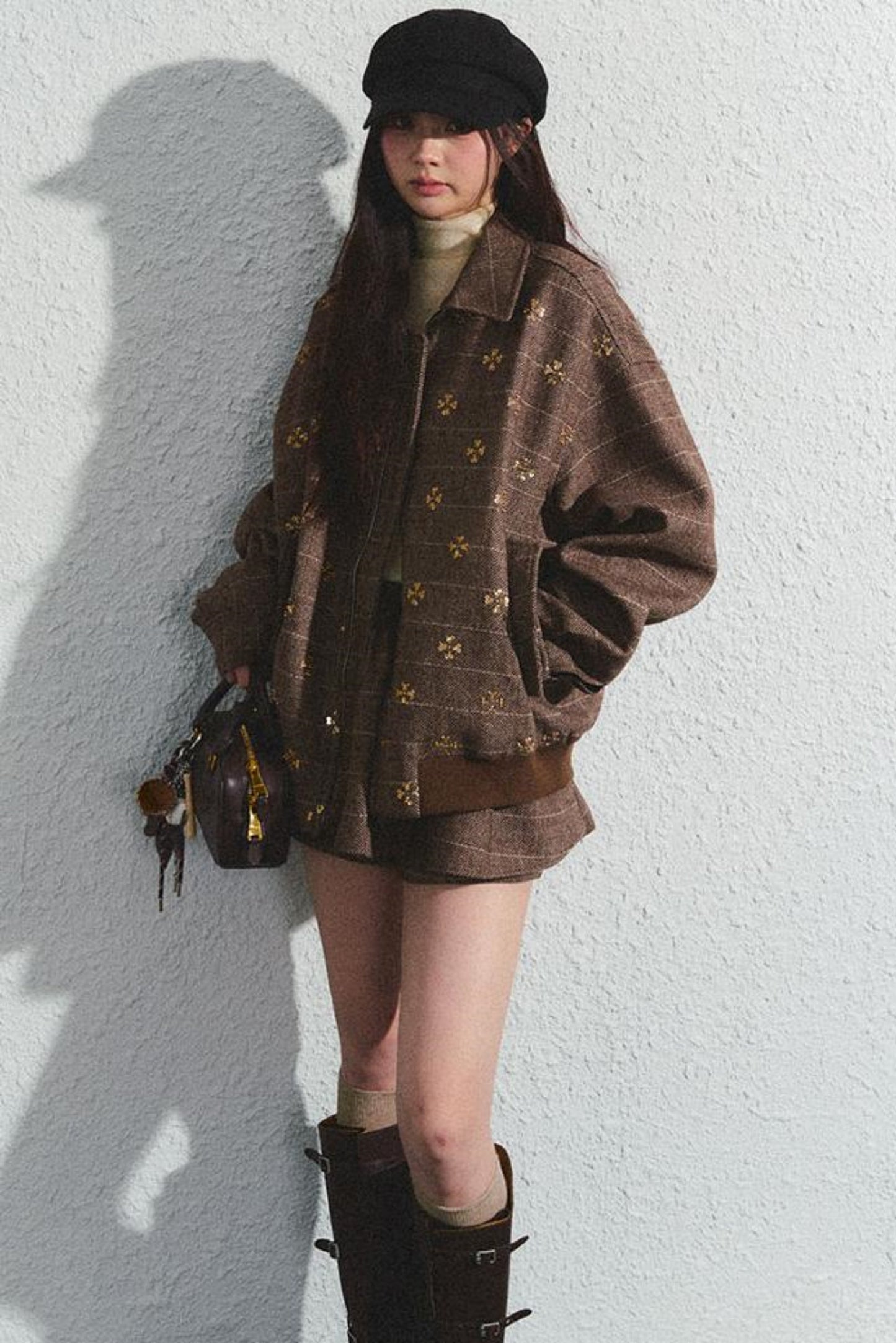 Khaki Beaded Lapel Jacket & Skirt Set-Up