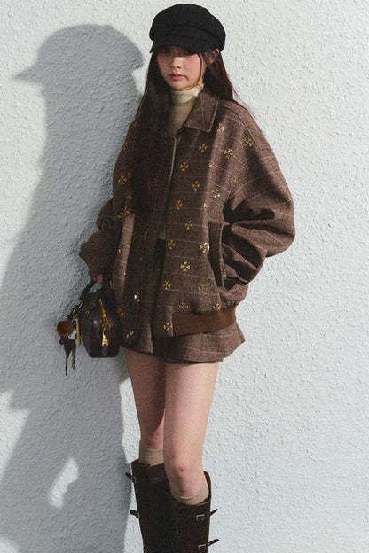 Khaki Beaded Lapel Jacket & Skirt Set-Up