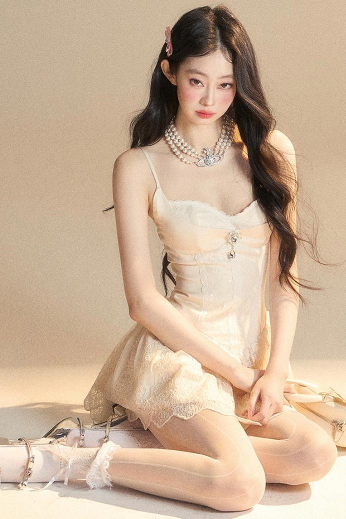 Apricot Satin Pearl Collar + Retro Belt Dress French Square main image 1