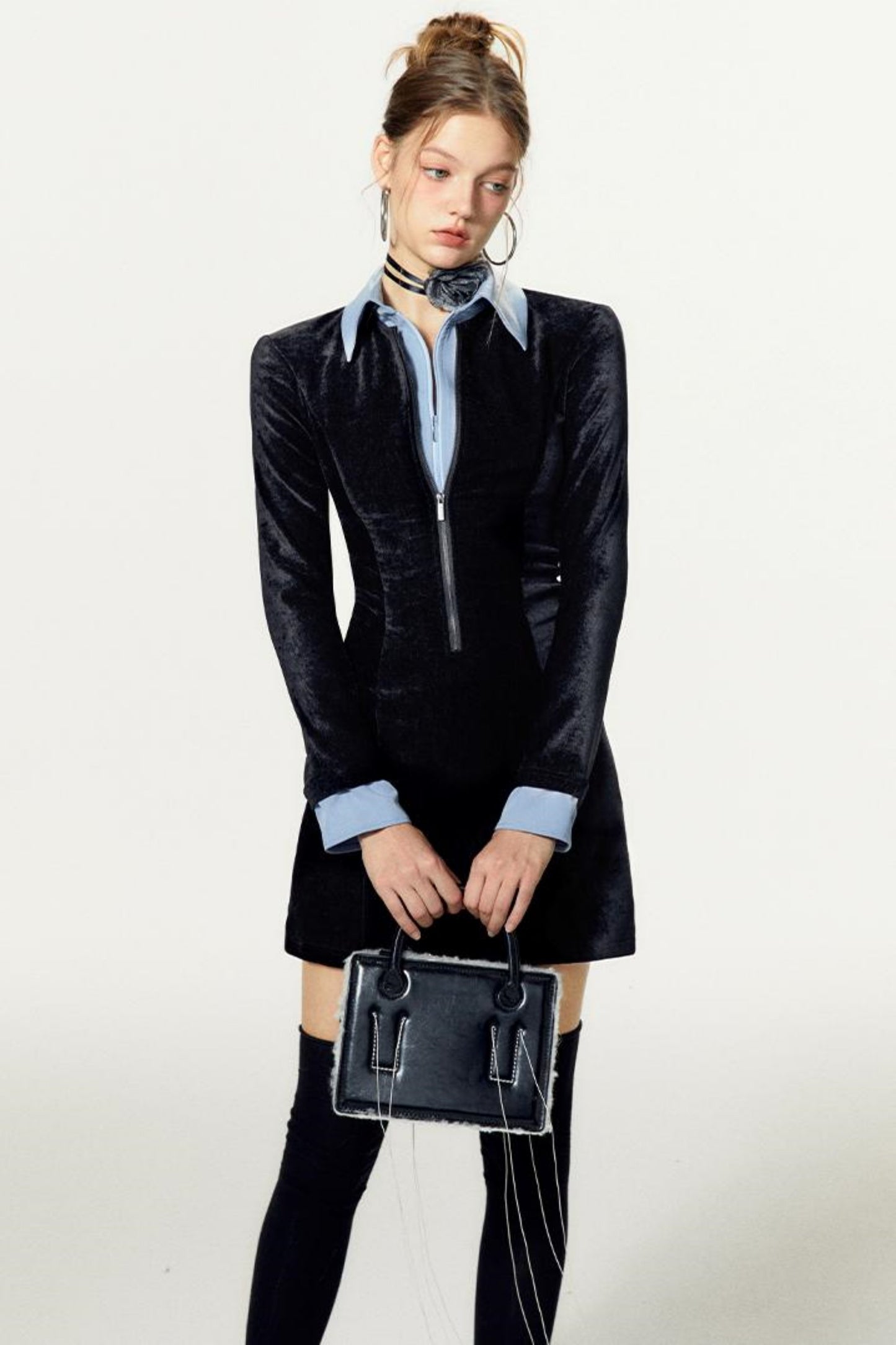 Contrasting Collar Shirt Dress