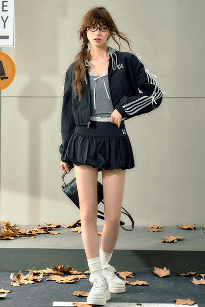 Gray Lace-Trimmed Knit With Skirt Set-Up