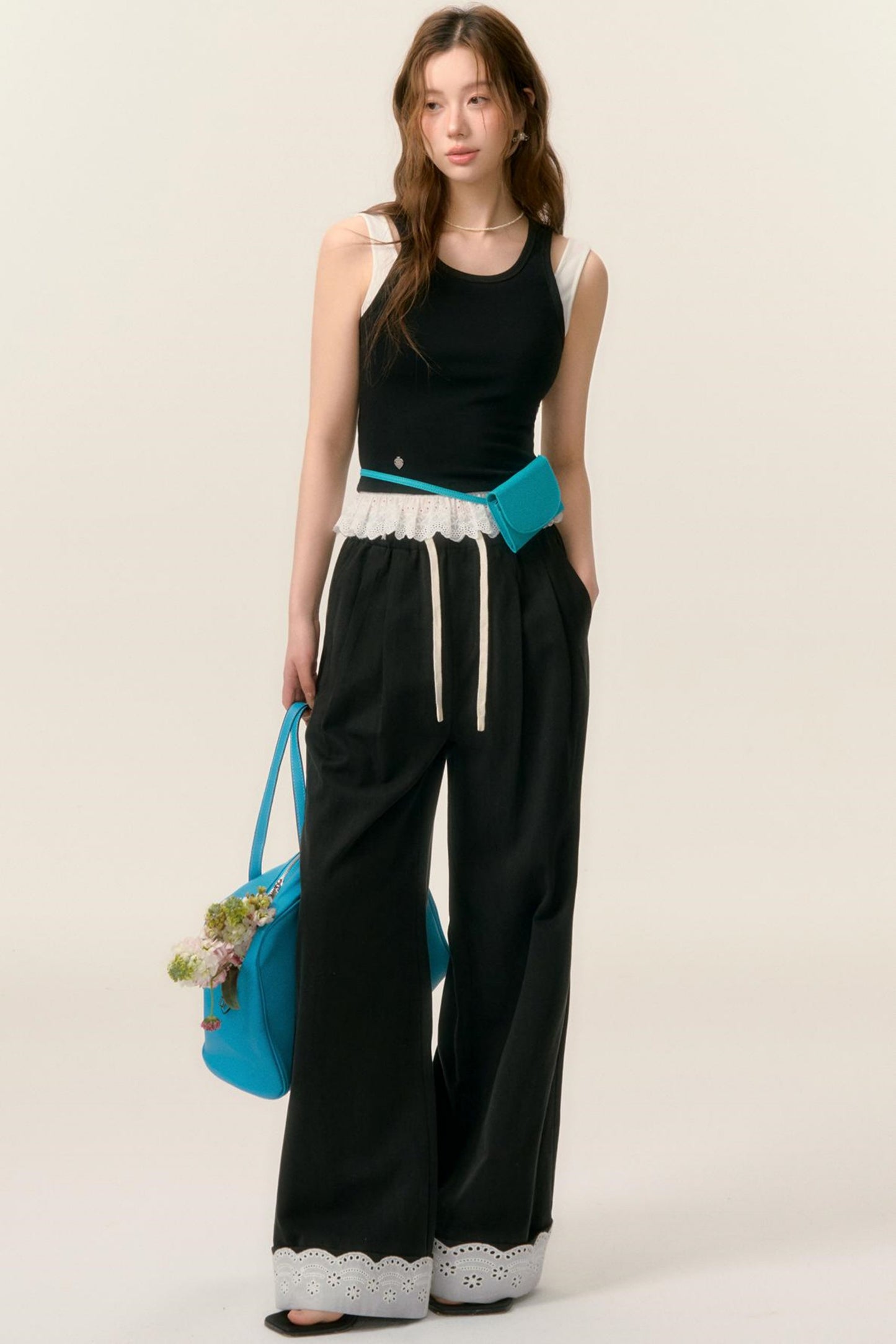 Lace-Trimmed Wide Leg Pants