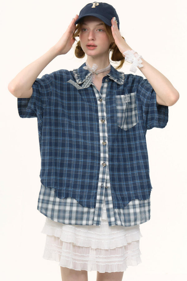Retro Blue Short-Sleeve Blouse Shirt