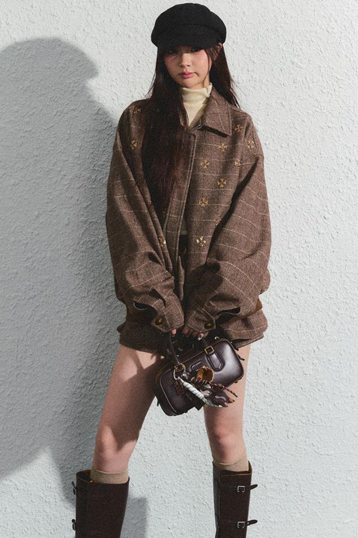 Khaki Beaded Lapel Jacket & Skirt Set-Up