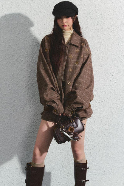 Khaki Beaded Lapel Jacket & Skirt Set-Up