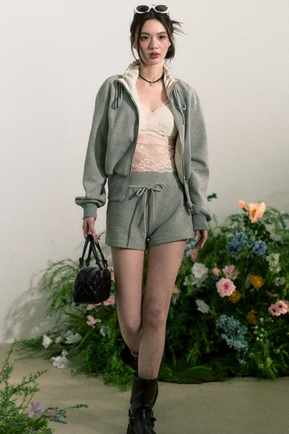 Zip-Up Sweater Jacket With Shorts Set-Up