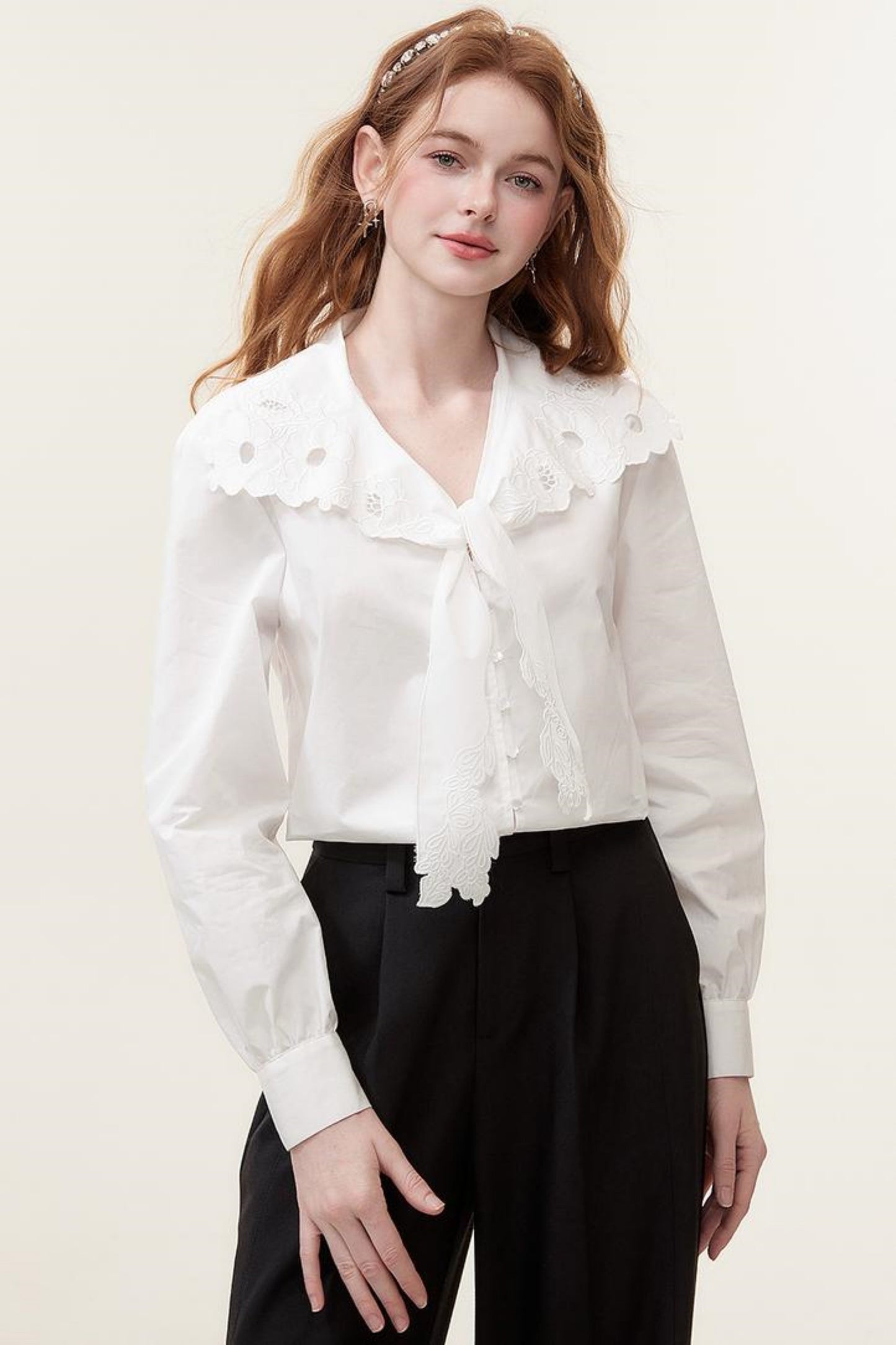 Hollow Embroidered White Blouse Top