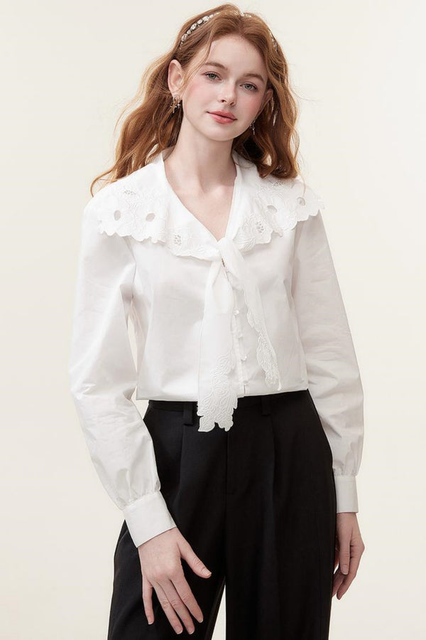 Hollow Embroidered White Blouse Top