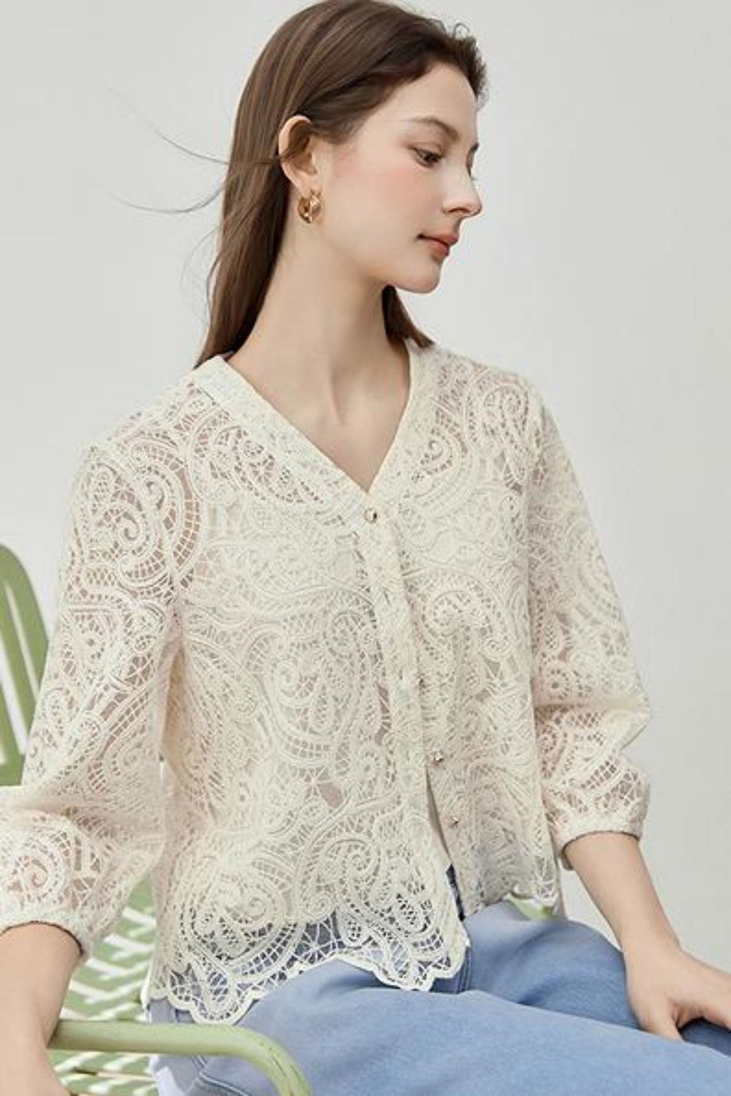 V-Neck Lace Blouse Set