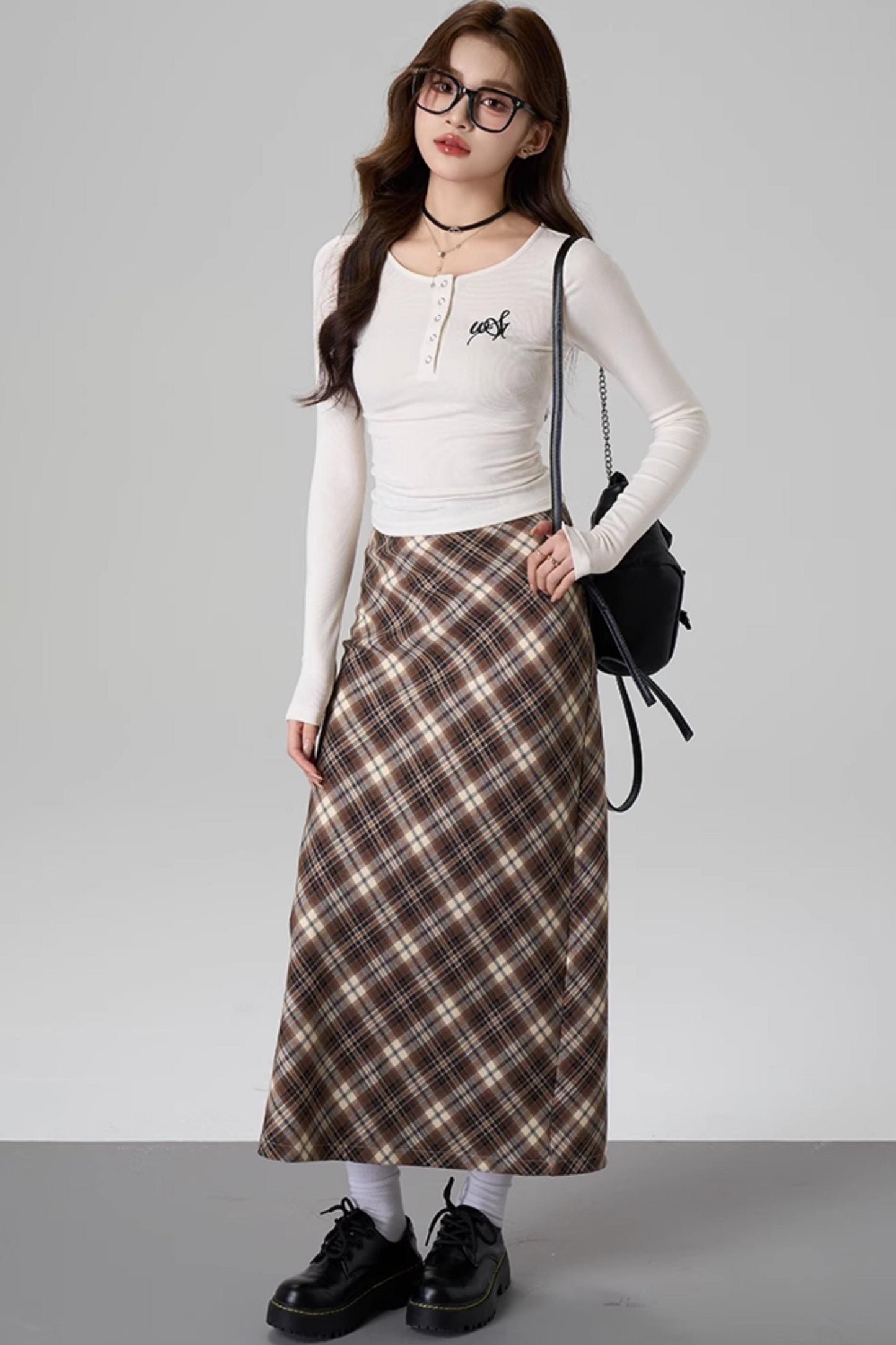 Brown Plaid A-Line Skirt