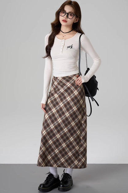 Brown Plaid A-Line Skirt