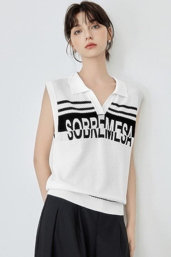 Trendy Sleeveless Alphabet Polo Top