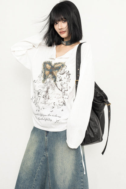 Butterfly Embroidered Retro Loose Tee