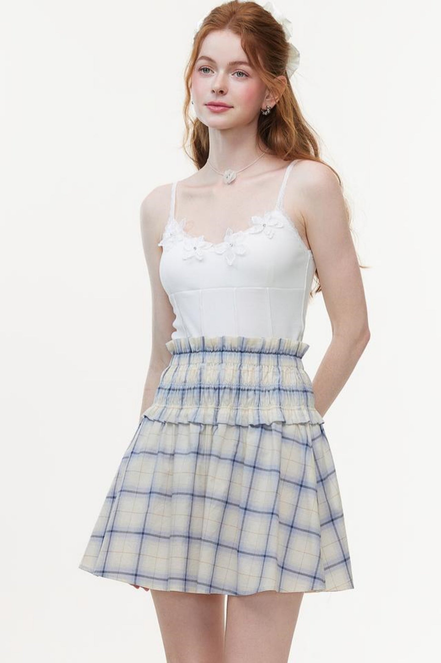 One-Shoulder Smocked Check Blouse