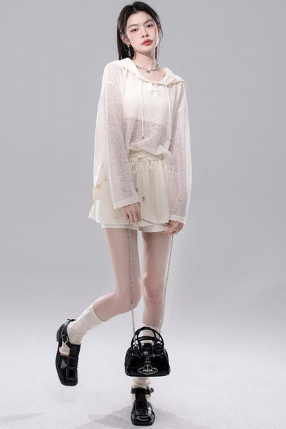 Sheer Lace Hoodie Knit Blouse Skirt Set
