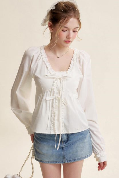 Romantic Lace Bow Tie V-Neck Shirt