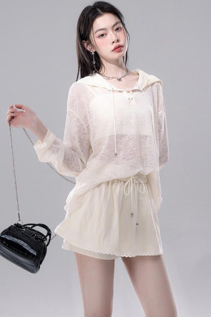 Sheer Lace Hoodie Knit Blouse Skirt Set