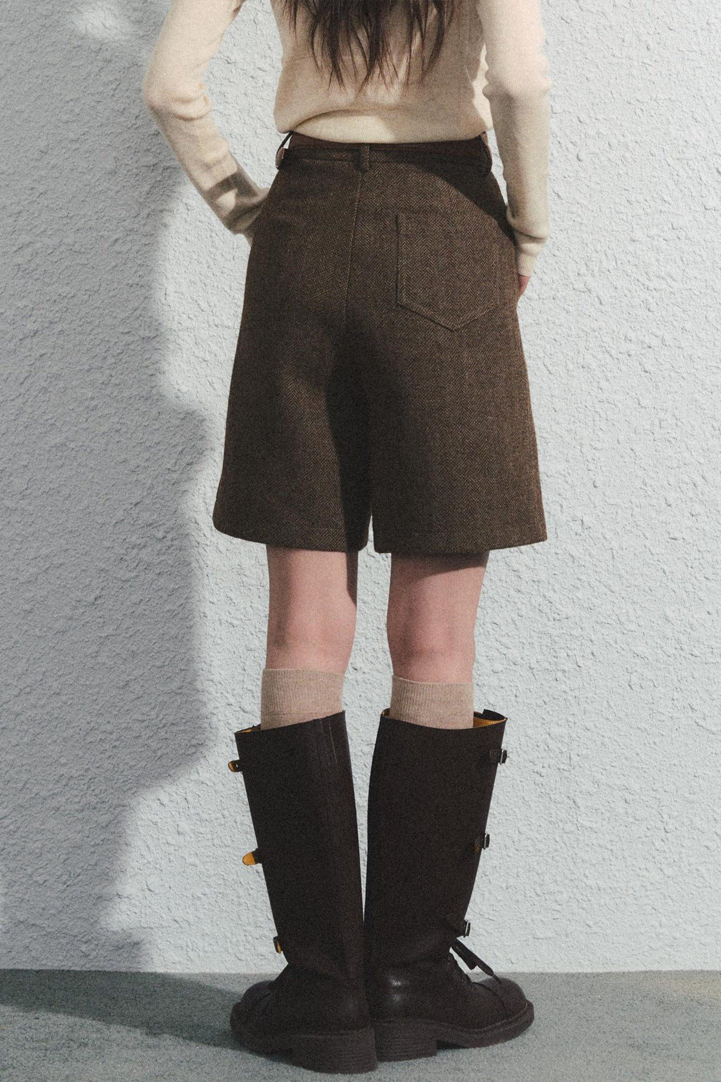 Brown Herringbone High-Waisted Trousers