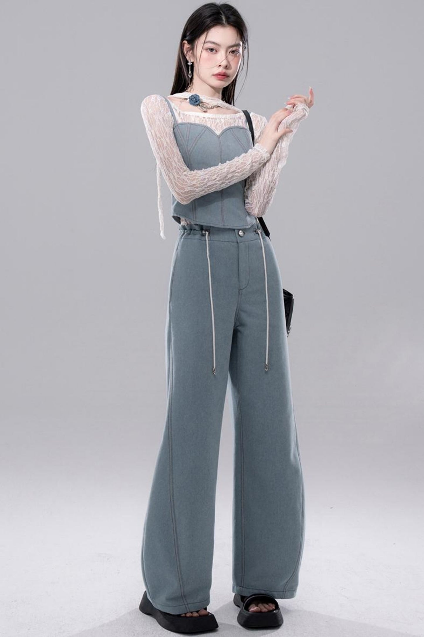 Denim Fusion Lace Suspenders Vest & Sickle Pants Set