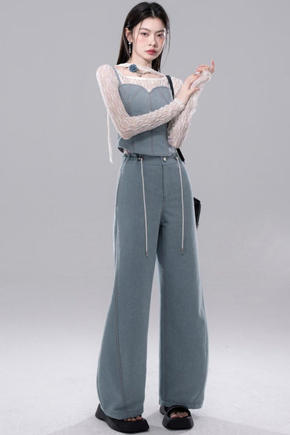 Denim Fusion Lace Suspenders Vest & Sickle Pants Set