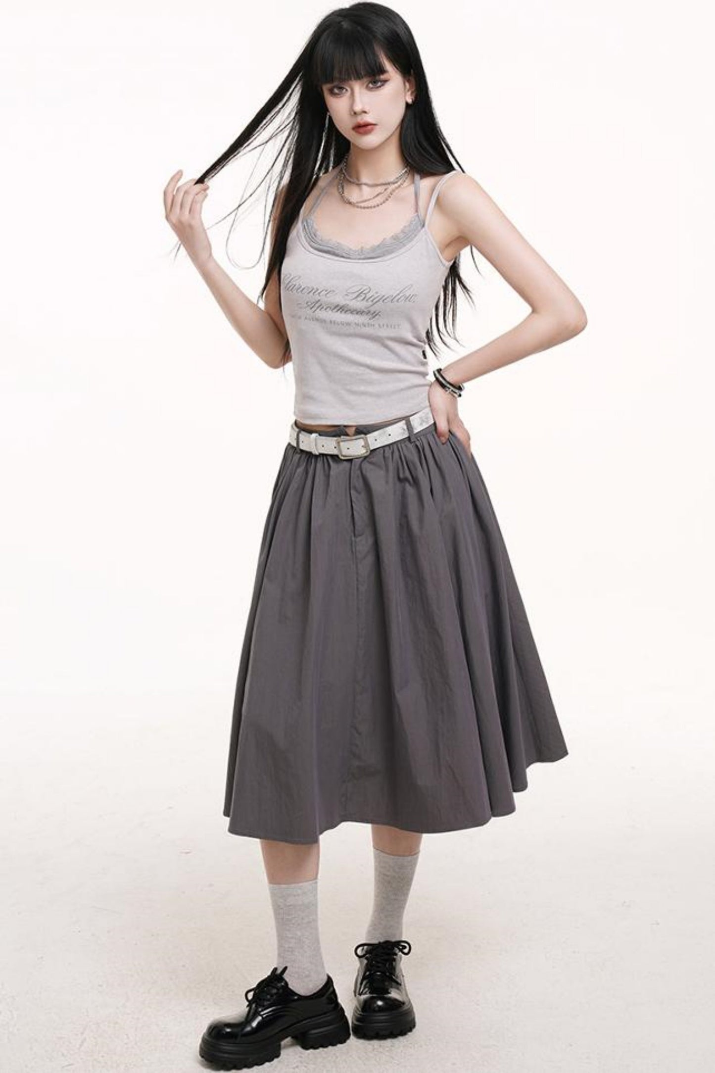 Gray Pleated Midi Skirt