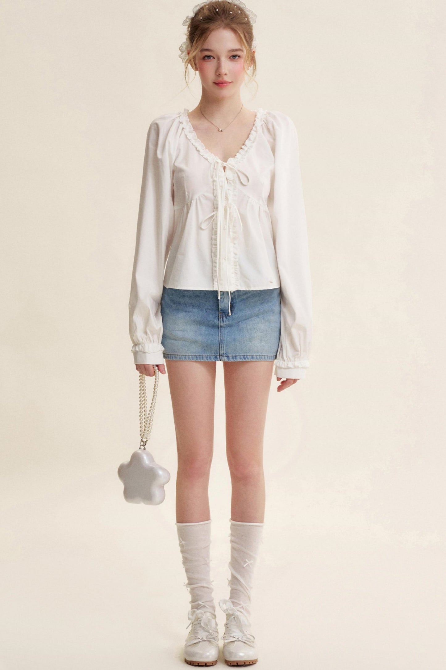 Romantic Lace Bow Tie V-Neck Shirt