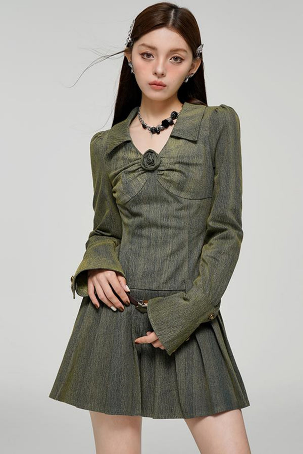 Long Sleeve Rose Print Pleated Dress