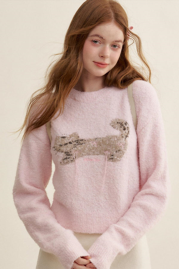 Feline Jacquard Pink Knit Sweater