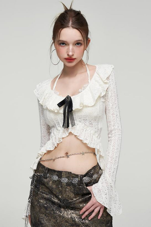 Ruffled Lace Bow Bell Sleeve Top