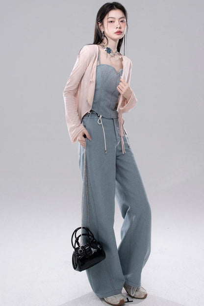 Denim Fusion Lace Suspenders Vest & Sickle Pants Set